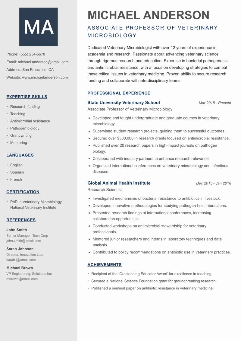 Veterinary Microbiologist resume template — Creative Minimal