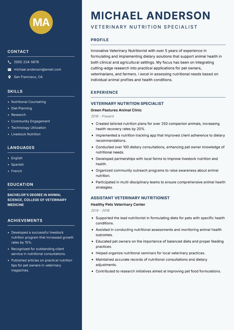 Veterinary Nutritionist resume template — Classic Clean