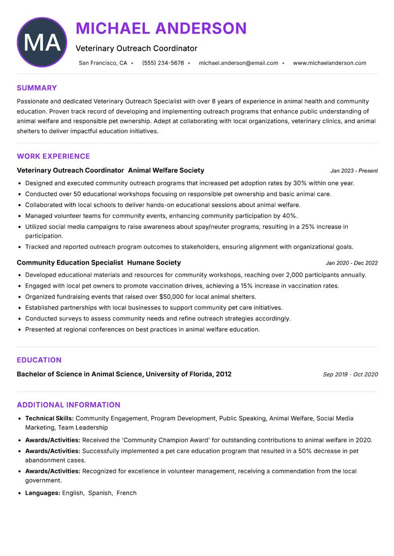 Veterinary Outreach Specialist resume example — ATS-friendly template