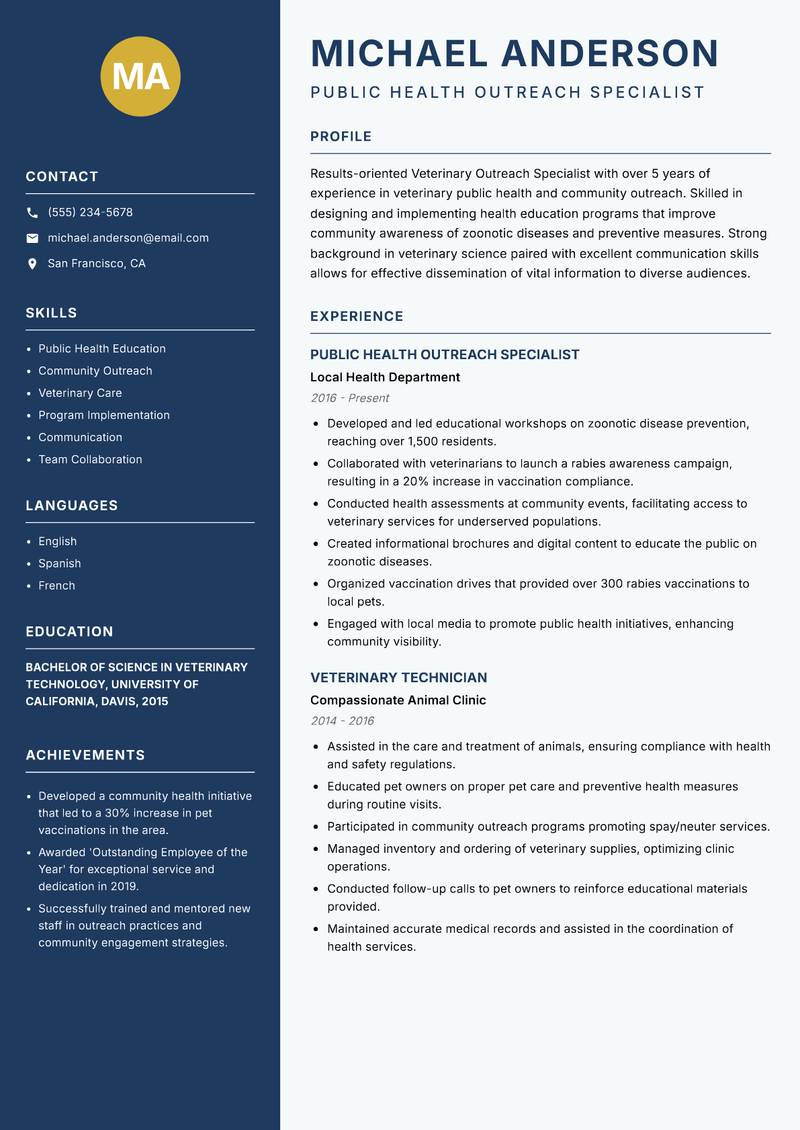 Veterinary Outreach Specialist resume template — Classic Clean