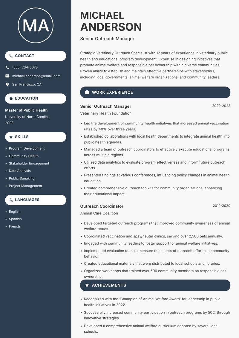 Veterinary Outreach Specialist resume template — Compact
