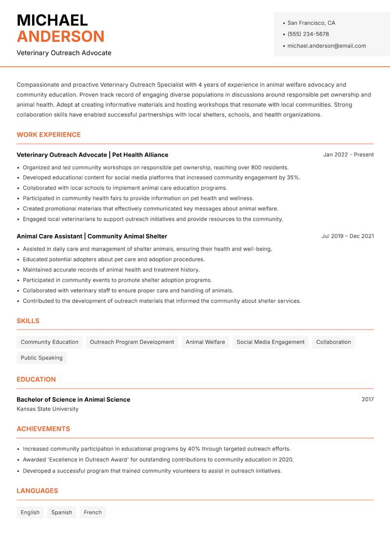 Veterinary Outreach Specialist resume template — Modern Professional