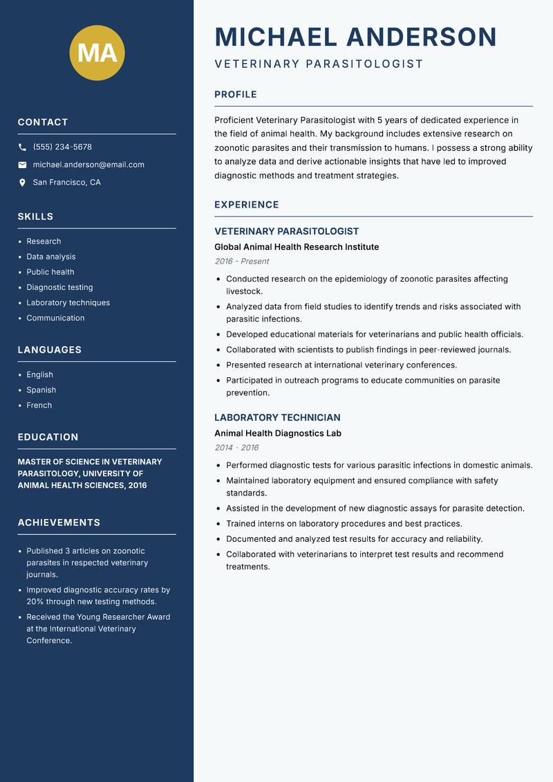 Veterinary Parasitologist resume template — Classic Clean