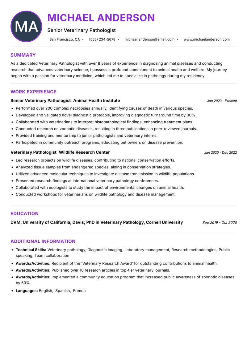 Veterinary Pathologist resume example — ATS-friendly template