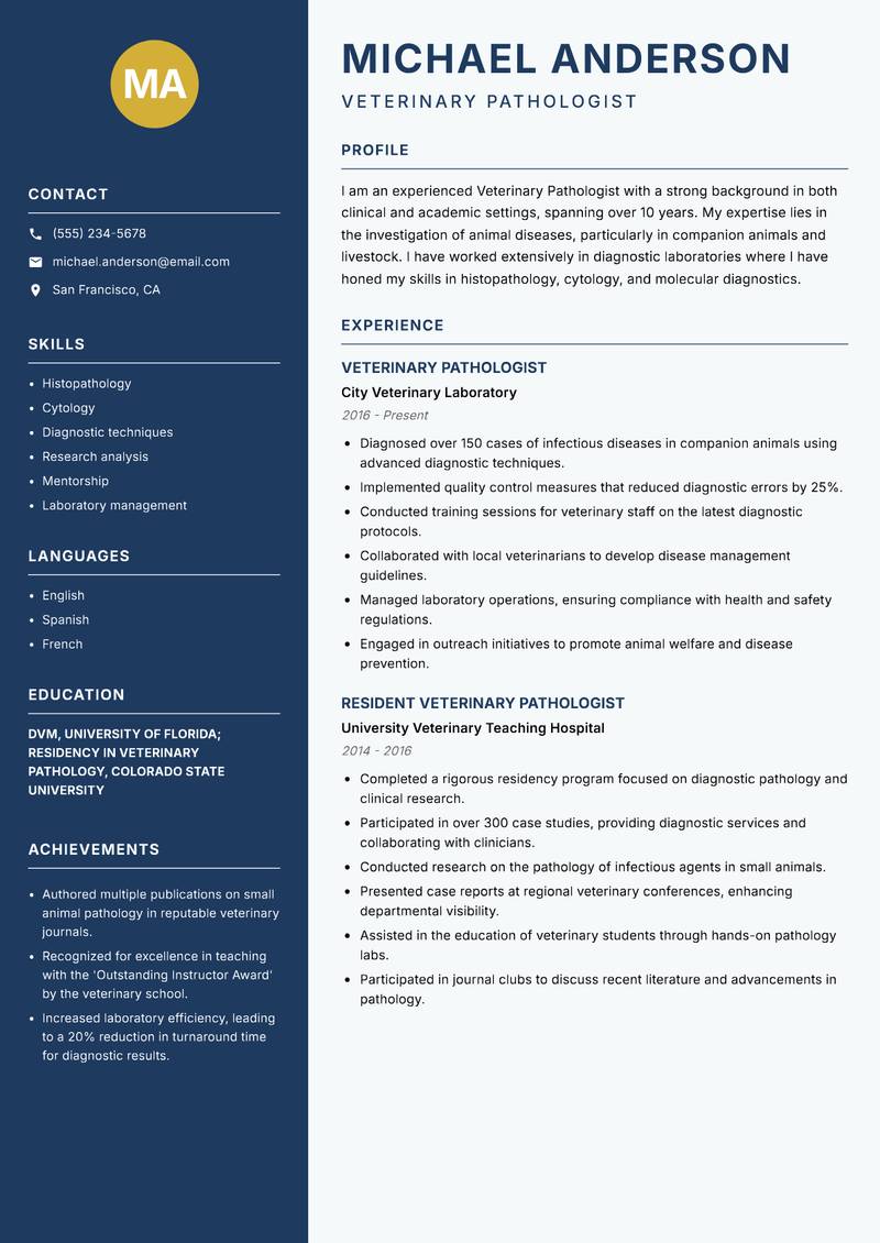 Veterinary Pathologist resume template — Classic Clean