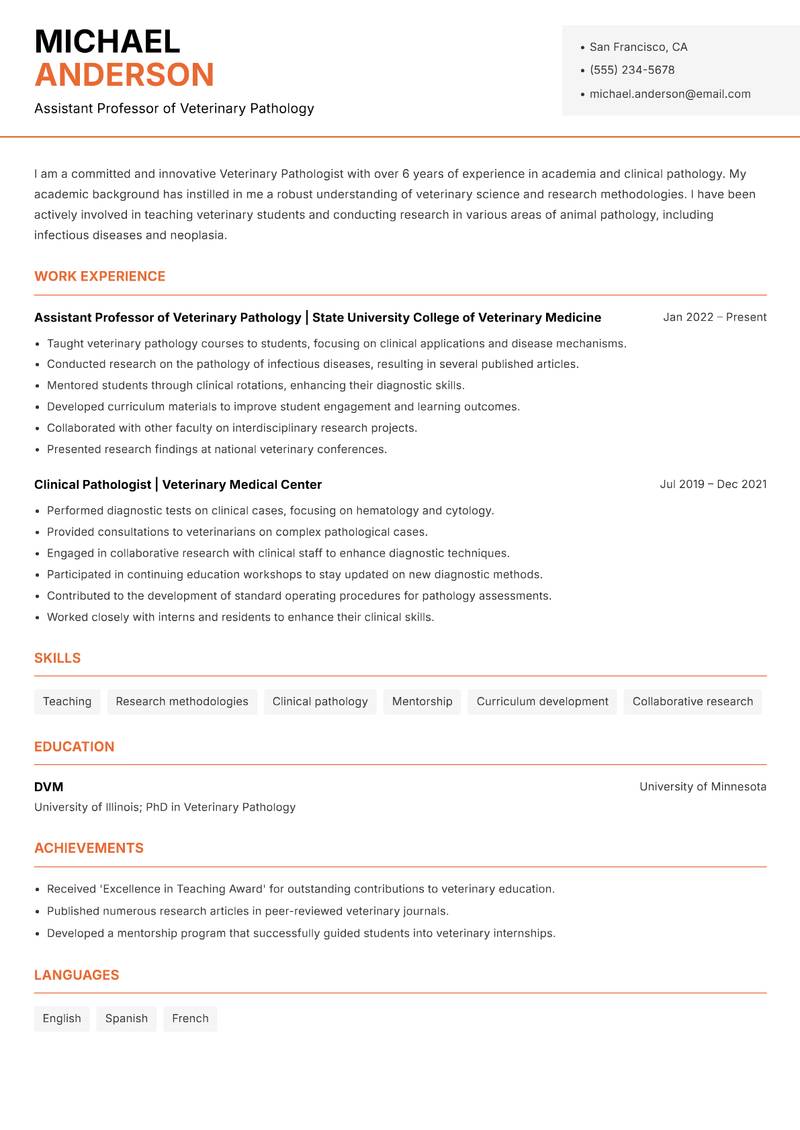 Veterinary Pathologist resume template — Modern Professional