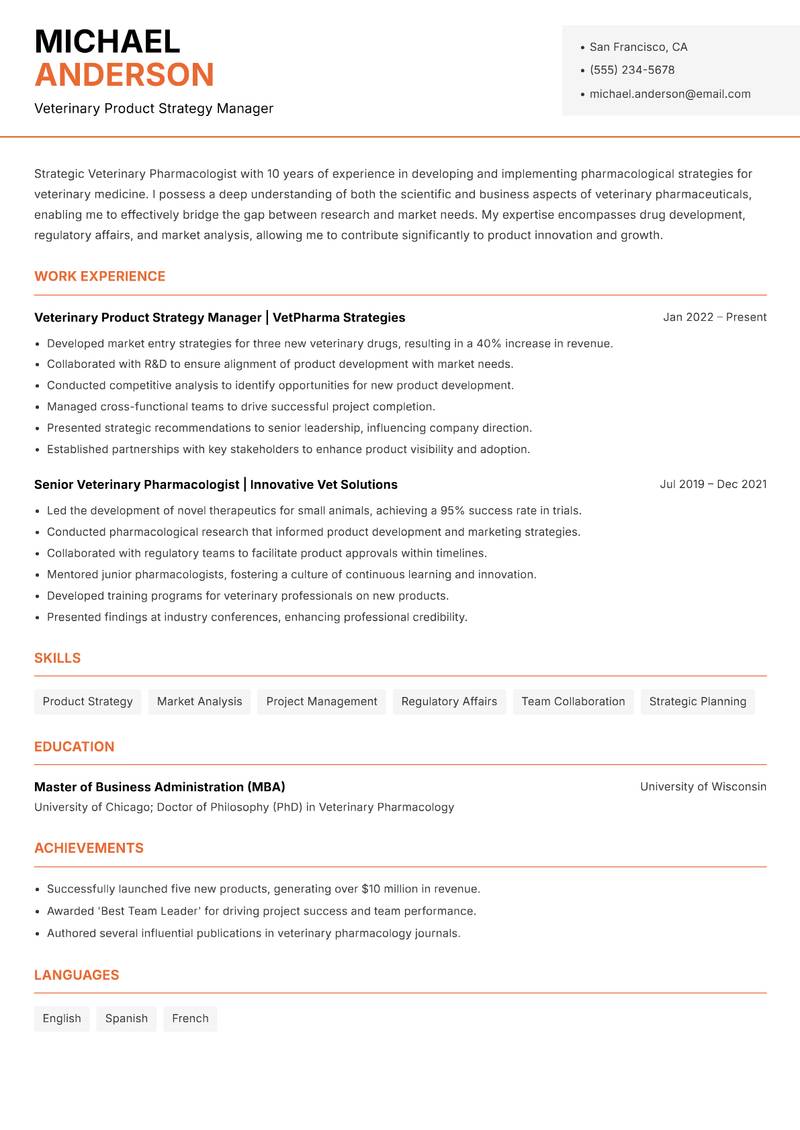 Veterinary Pharmacologist resume template — Modern Professional