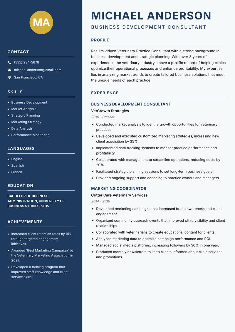 Veterinary Practice Consultant resume template — Classic Clean