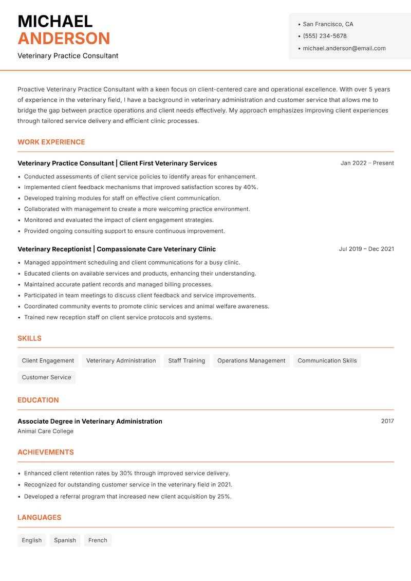 Veterinary Practice Consultant resume template — Modern Professional