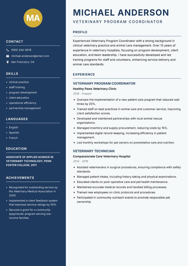 Veterinary Program Coordinator resume template — Classic Clean
