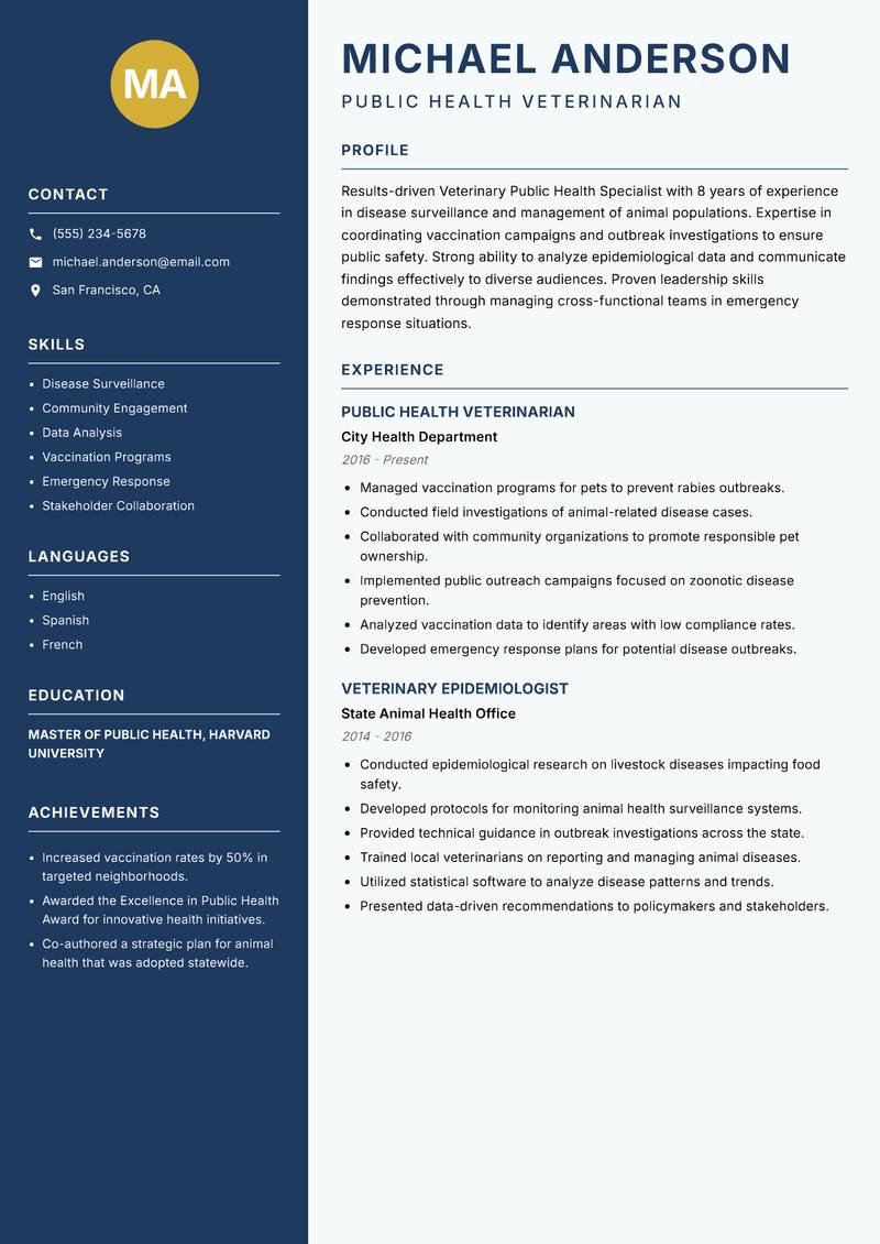 Veterinary Public Health Specialist resume template — Classic Clean