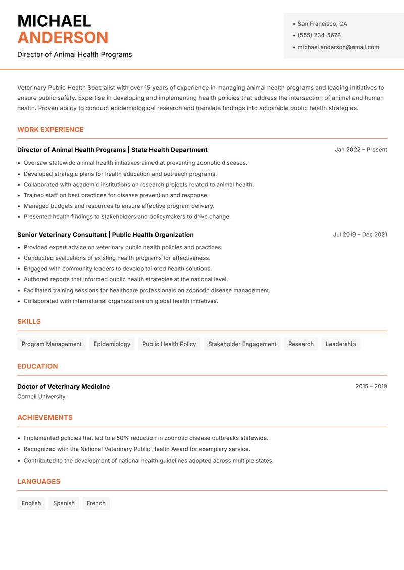 Veterinary Public Health Specialist resume template — Modern Professional