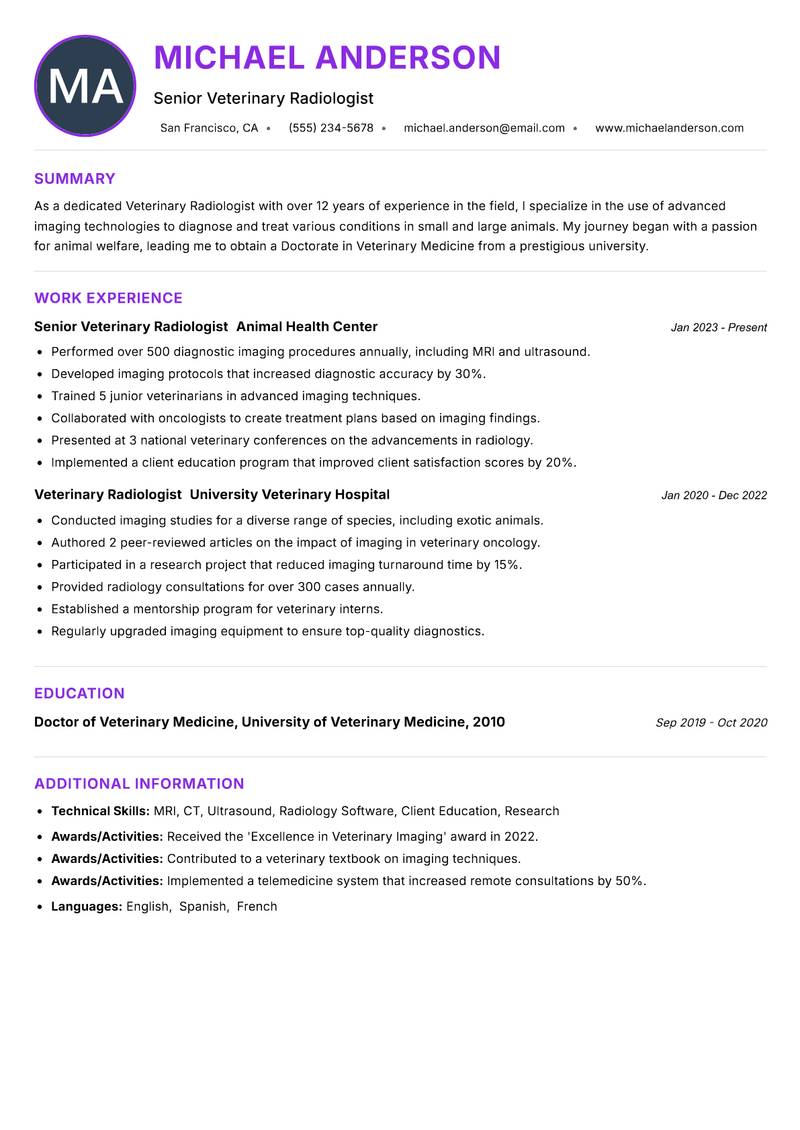 Veterinary Radiologist resume example — ATS-friendly template