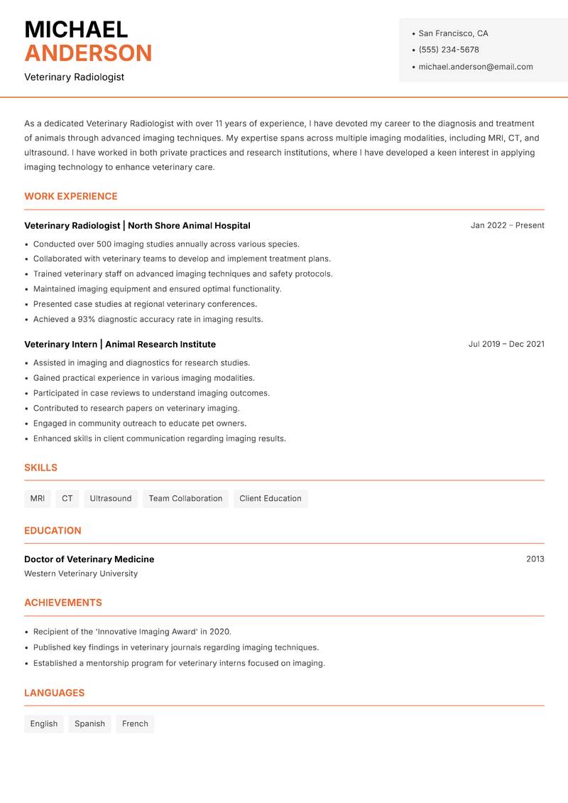 Veterinary Radiologist resume template — Modern Professional