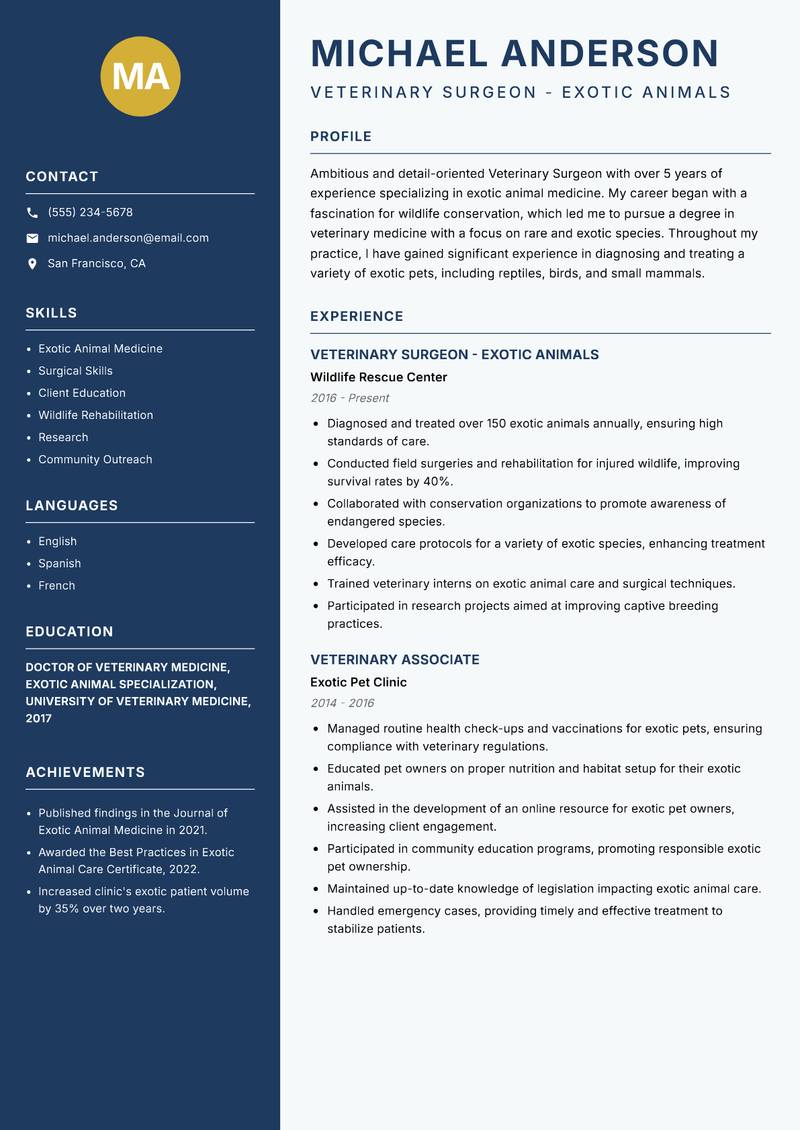 Veterinary Surgeon resume template — Classic Clean