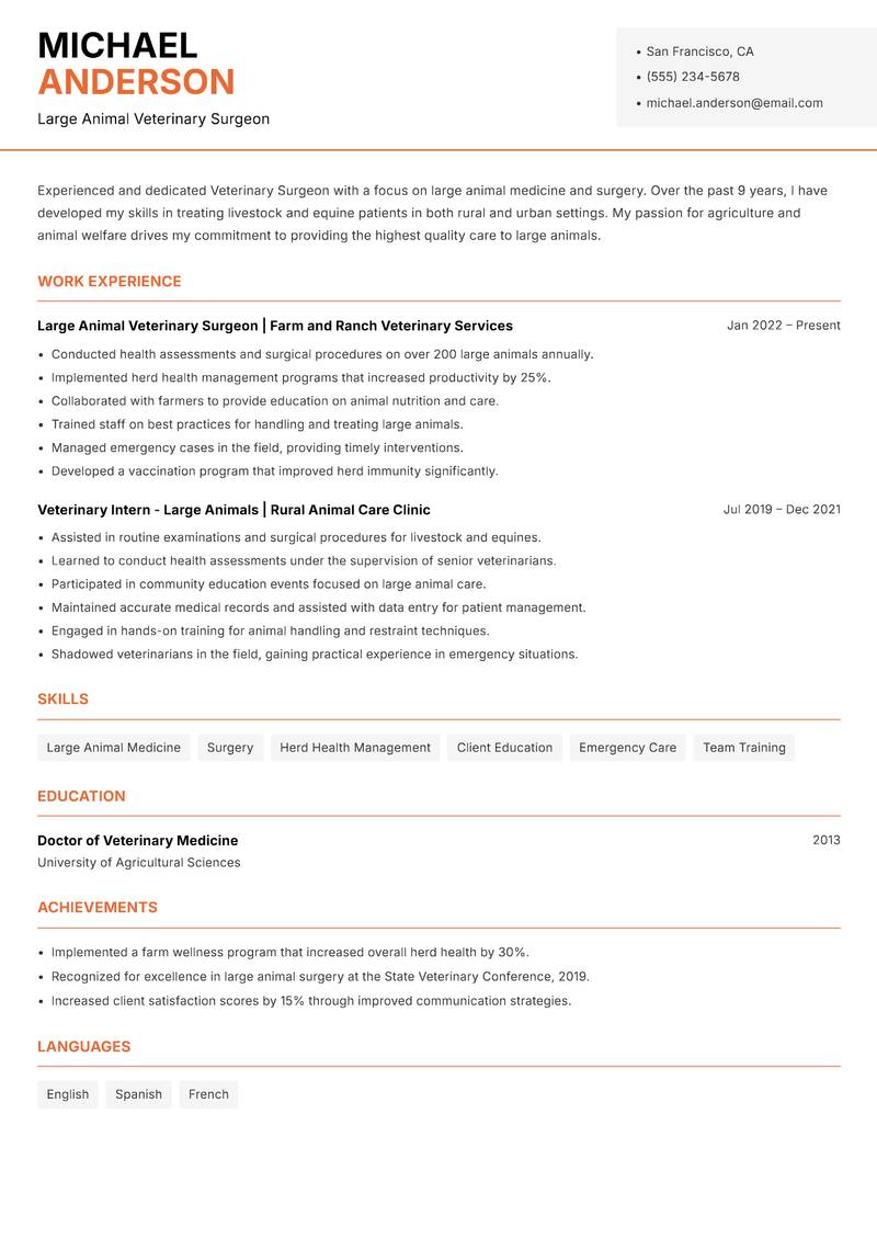 Veterinary Surgeon resume template — Modern Professional