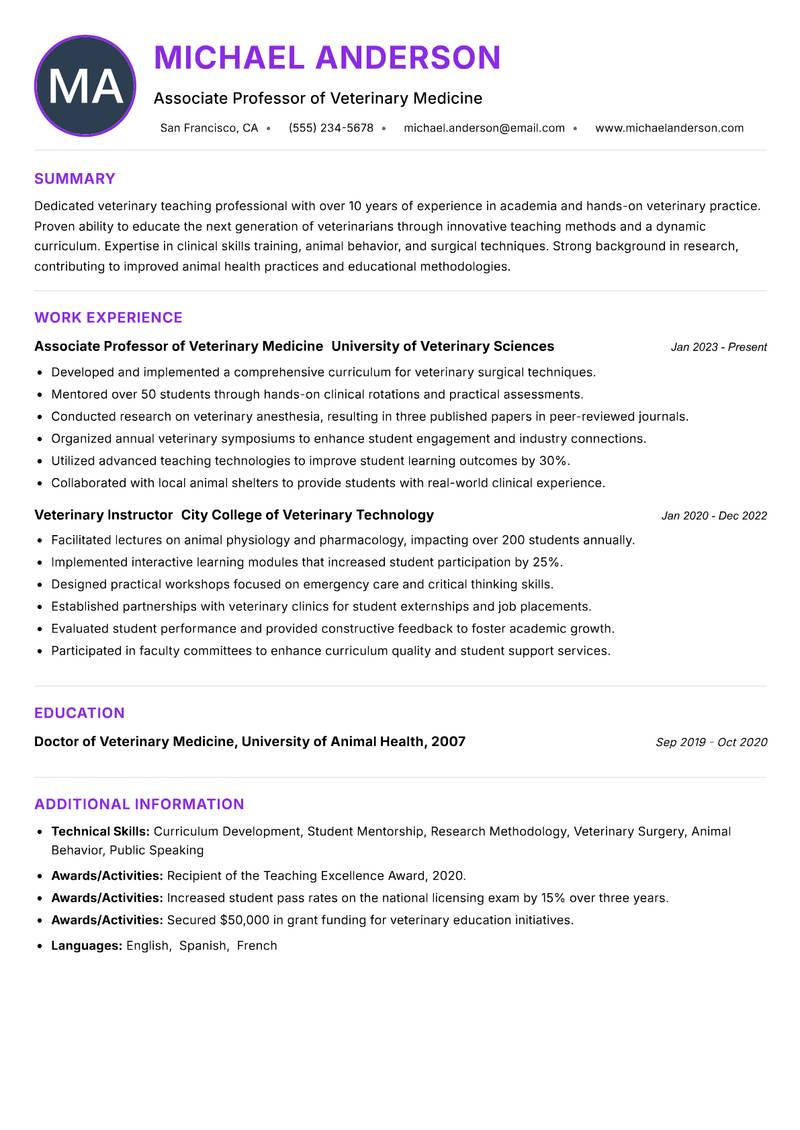 Veterinary Teaching Professional resume example — ATS-friendly template