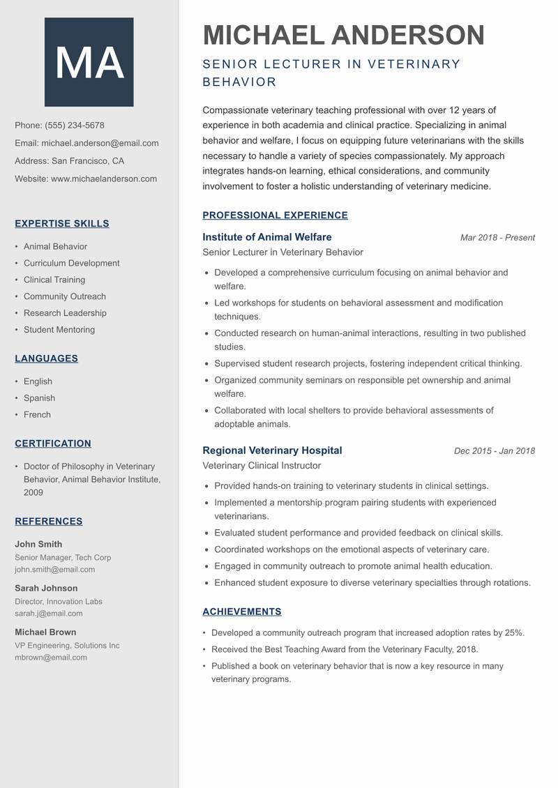 Veterinary Teaching Professional resume template — Creative Minimal
