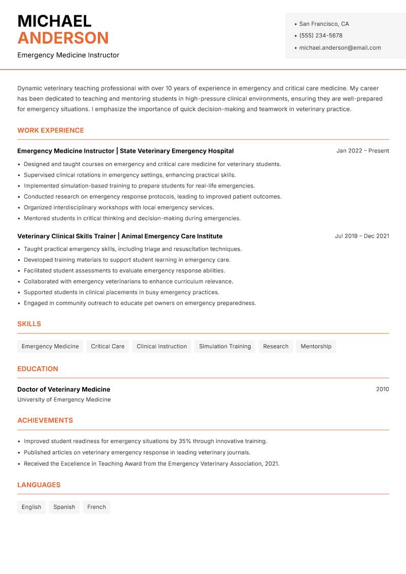 Veterinary Teaching Professional resume template — Modern Professional
