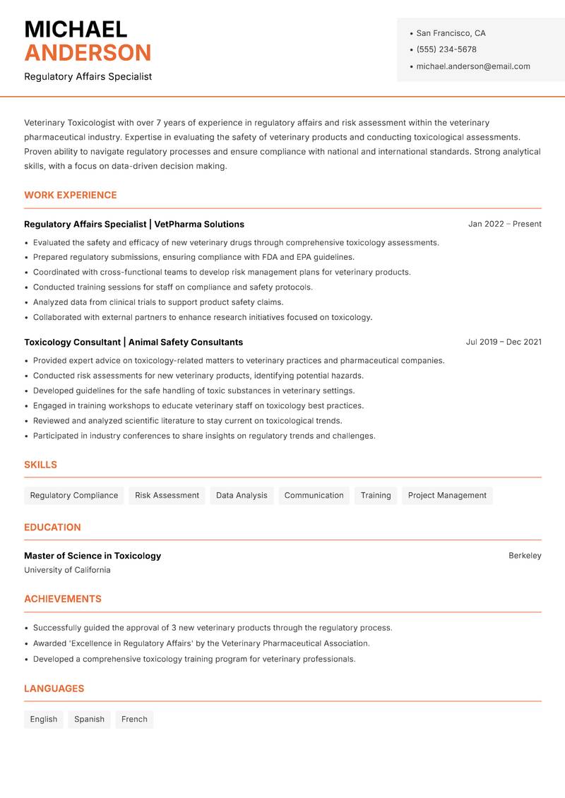Veterinary Toxicologist resume template — Modern Professional