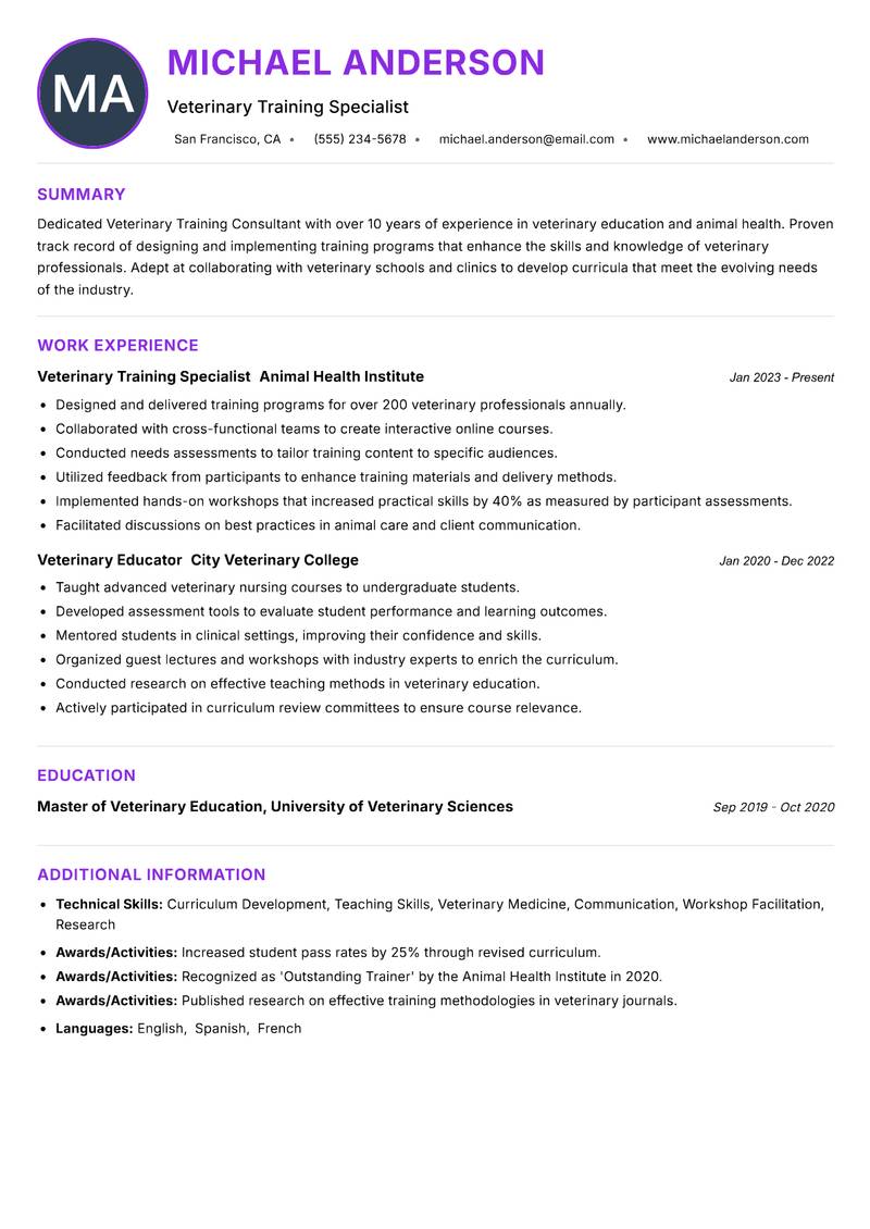 Veterinary Training Consultant resume example — ATS-friendly template