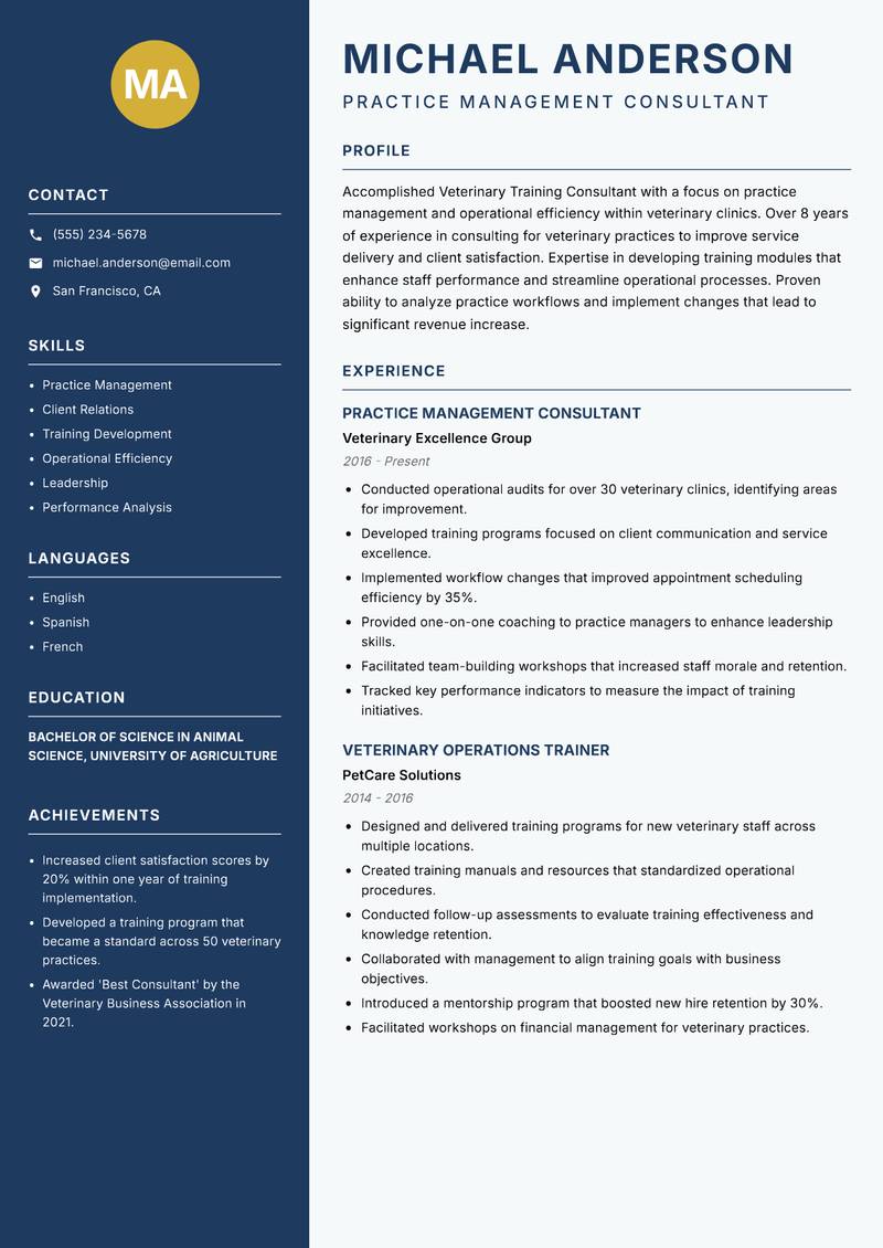 Veterinary Training Consultant resume template — Classic Clean