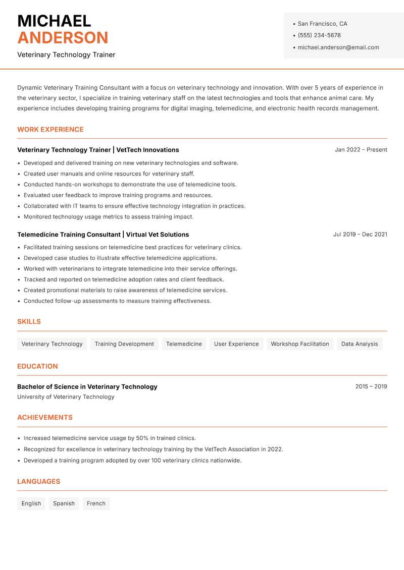 Veterinary Training Consultant resume template — Modern Professional