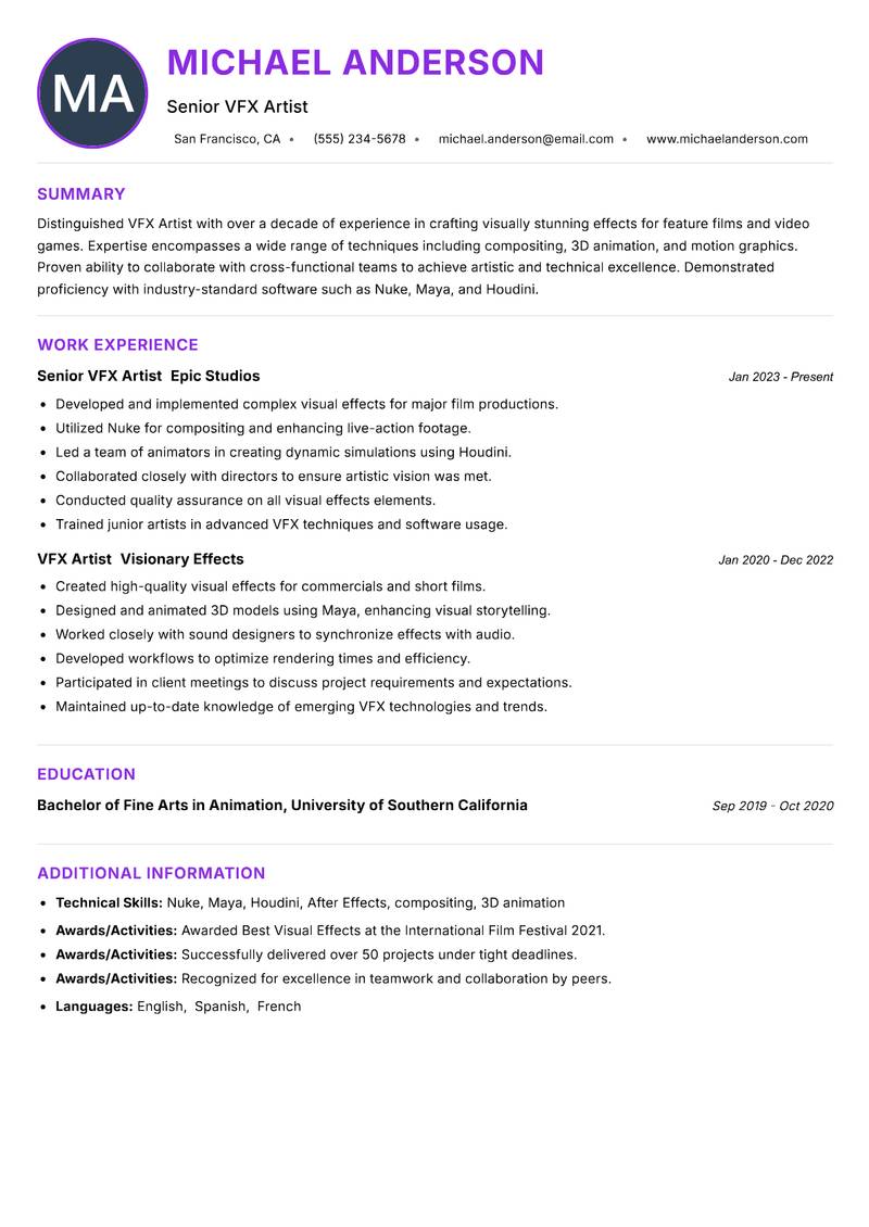 VFX Artist resume example — ATS-friendly template