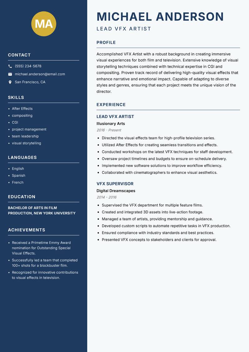 VFX Artist resume template — Classic Clean