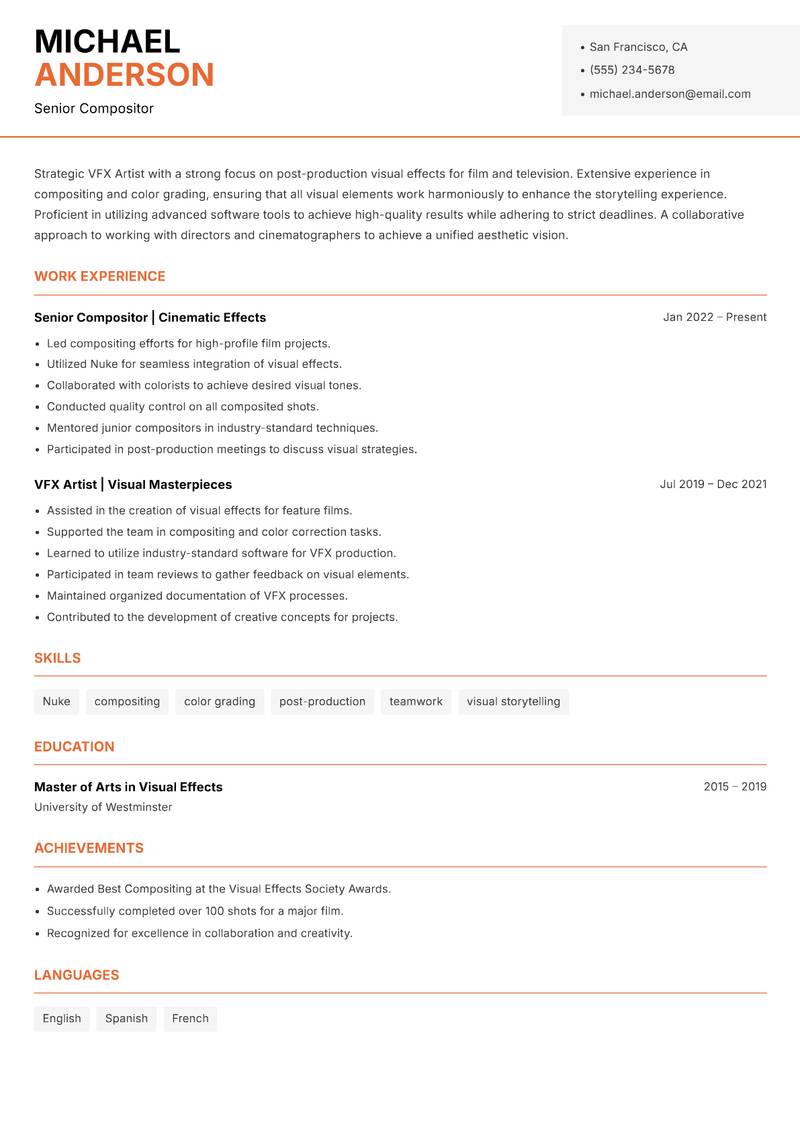 VFX Artist resume template — Modern Professional