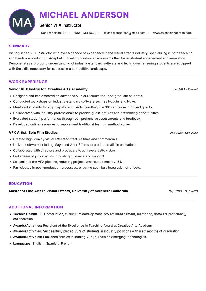 VFX Instructor resume example — ATS-friendly template