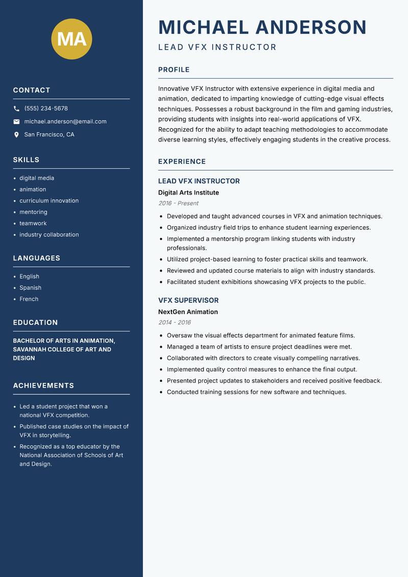 VFX Instructor resume template — Classic Clean