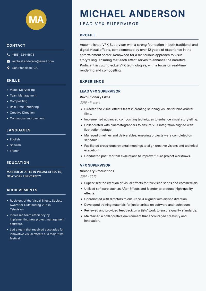 VFX Supervisor resume template — Classic Clean