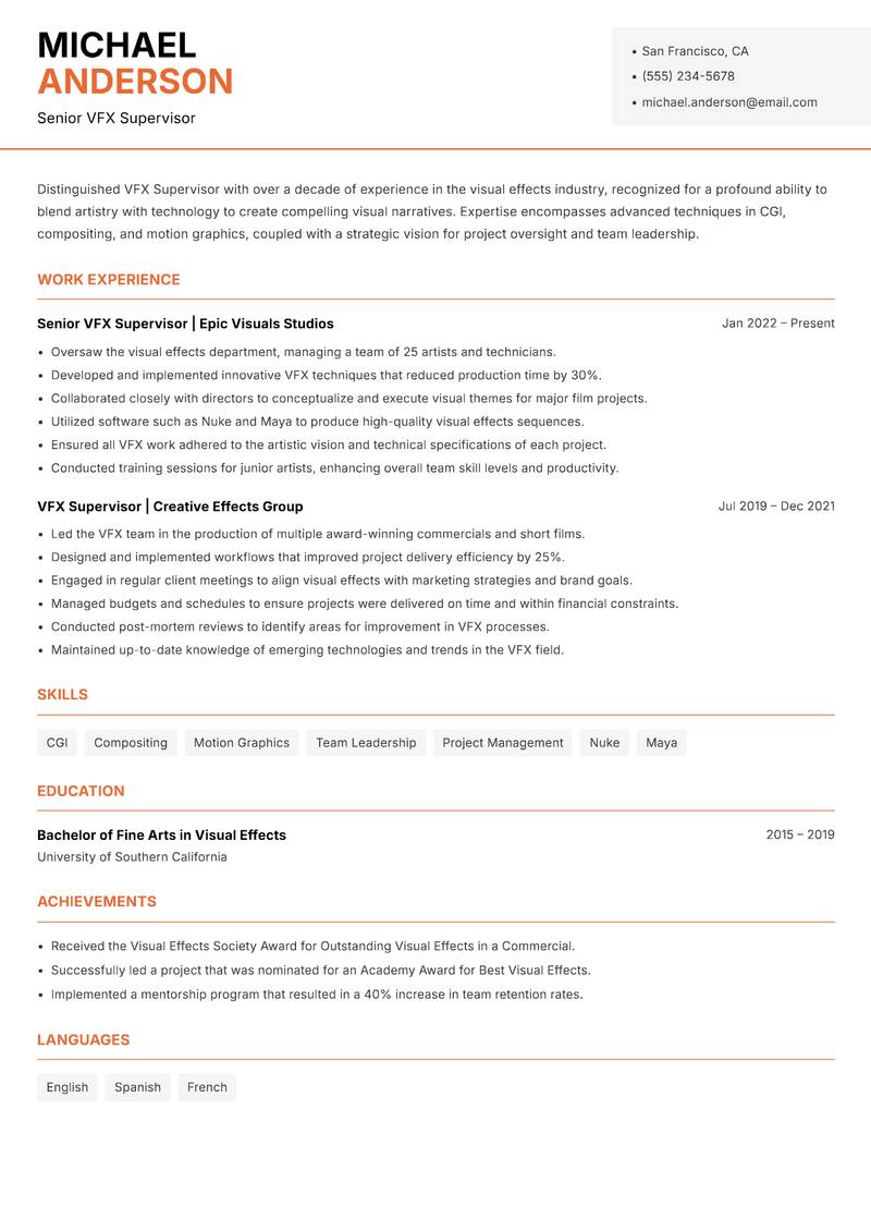 VFX Supervisor resume template — Modern Professional