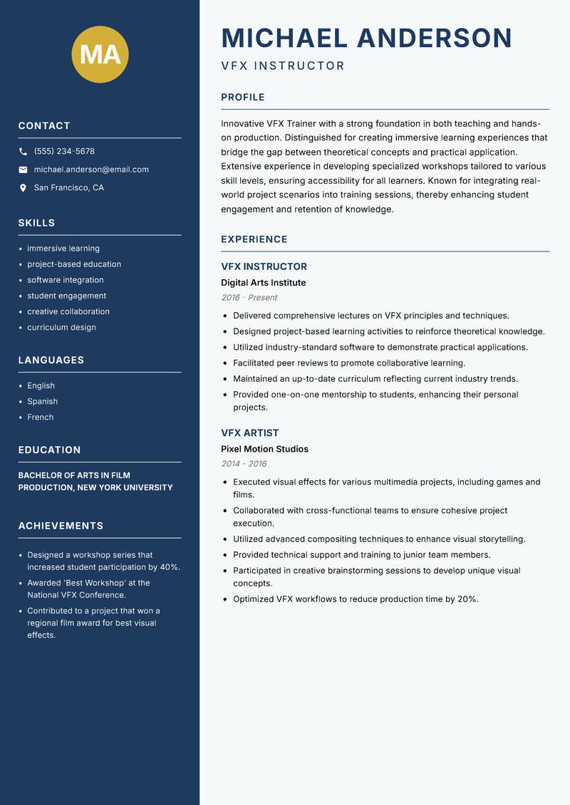 VFX Trainer resume template — Classic Clean