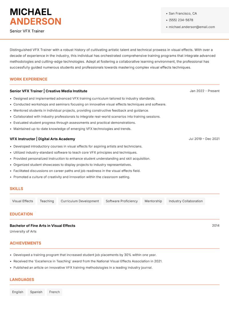 VFX Trainer resume template — Modern Professional