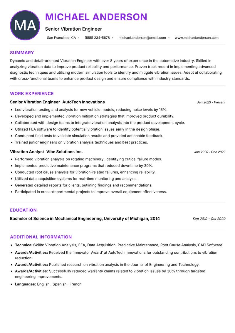 Vibration Engineer resume example — ATS-friendly template