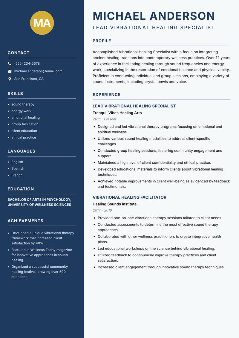 Vibrational Healing Specialist resume template — Classic Clean