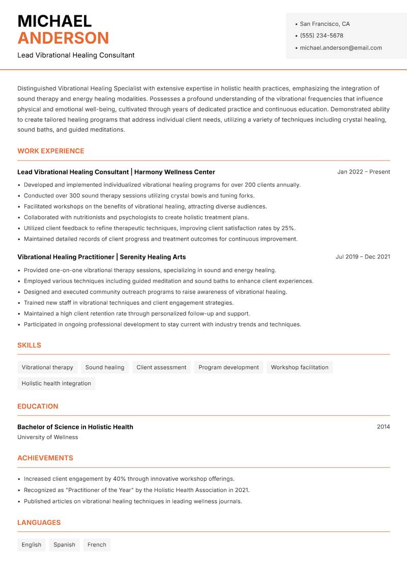 Vibrational Healing Specialist resume template — Modern Professional
