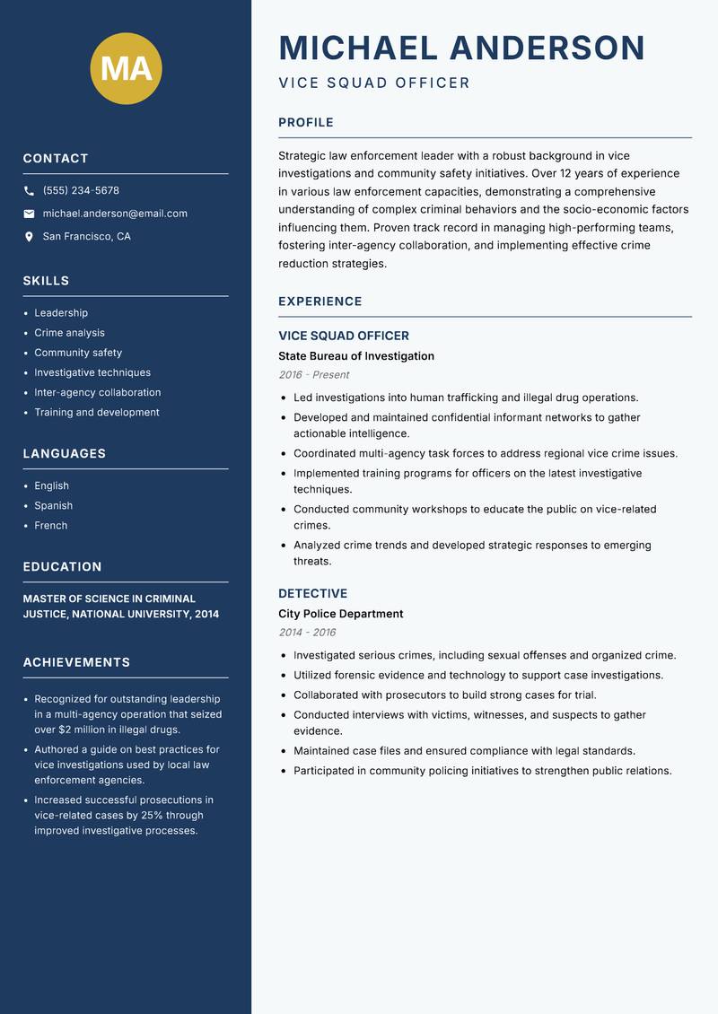 Vice Squad Officer resume template — Classic Clean