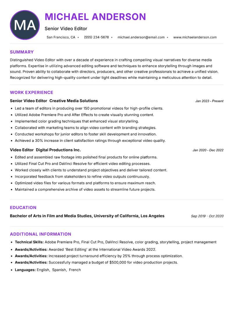 Video Editor resume example — ATS-friendly template