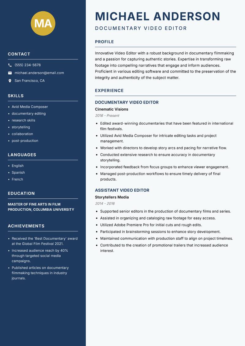 Video Editor resume template — Classic Clean