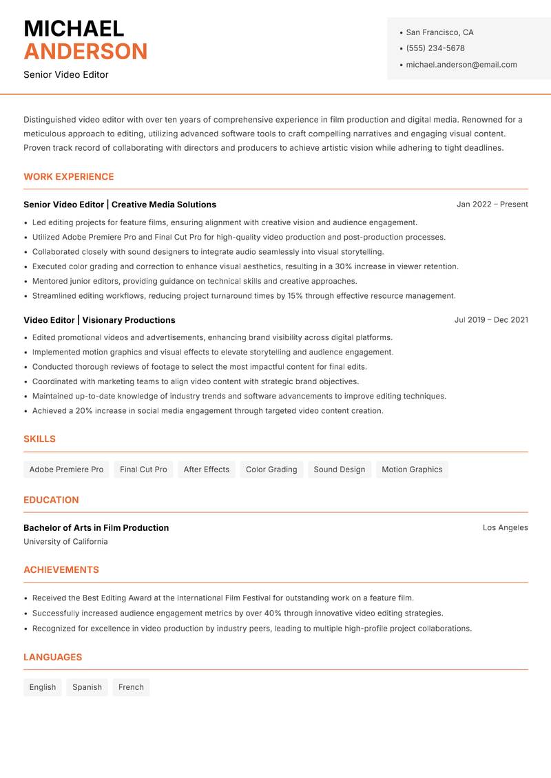 Video Editor resume template — Modern Professional