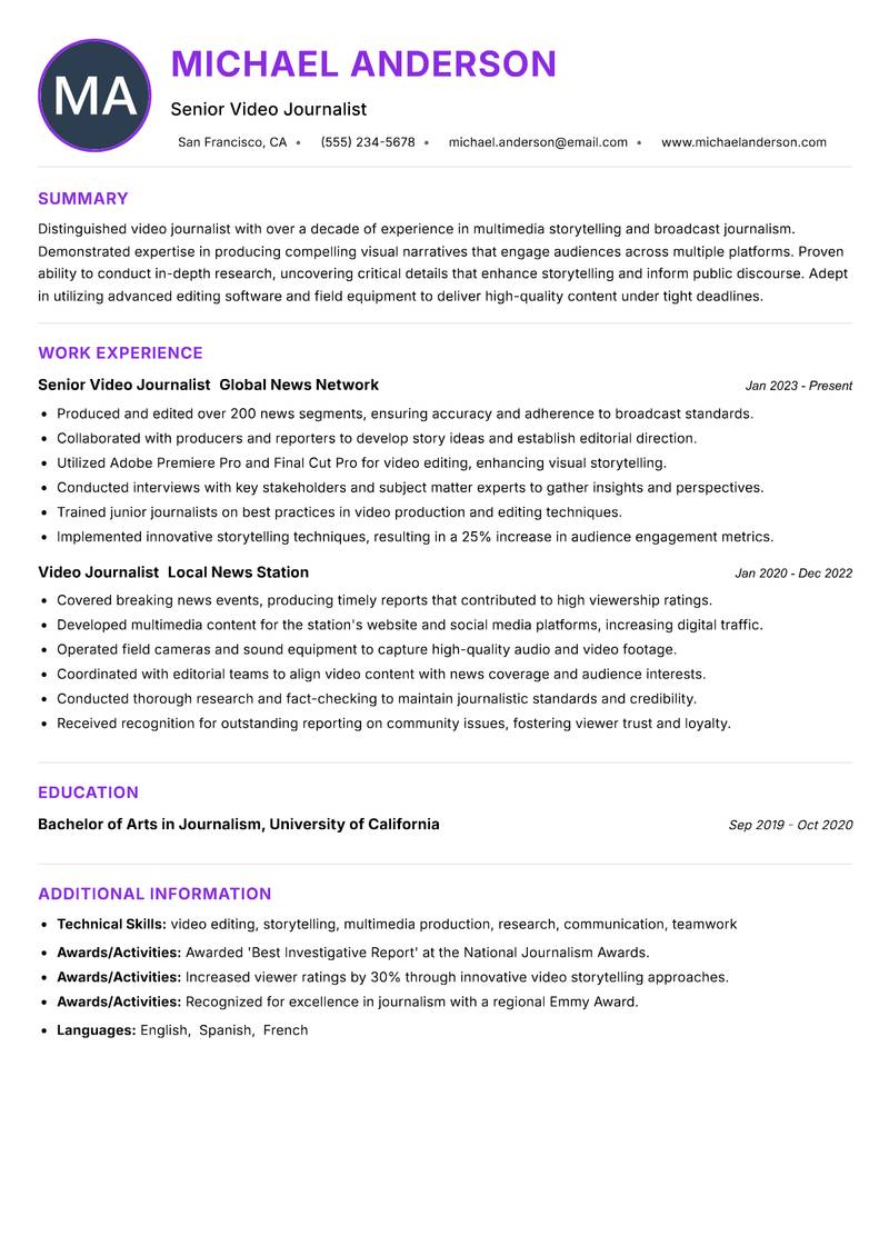 Video Journalist resume example — ATS-friendly template
