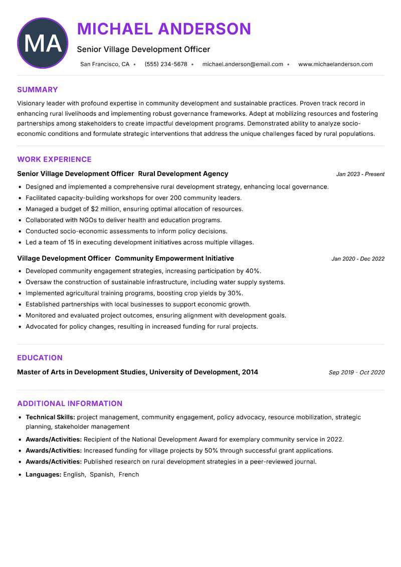 Village Development Officer resume example — ATS-friendly template