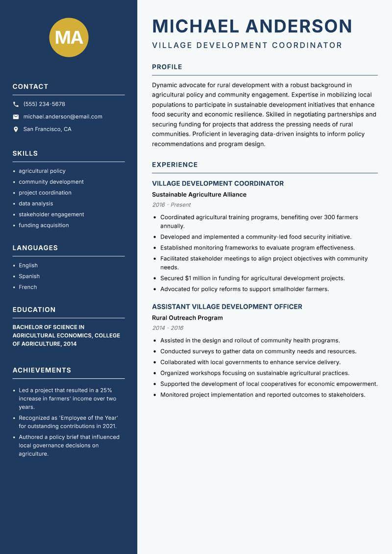 Village Development Officer resume template — Classic Clean
