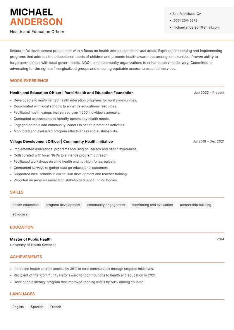 Village Development Officer resume template — Modern Professional