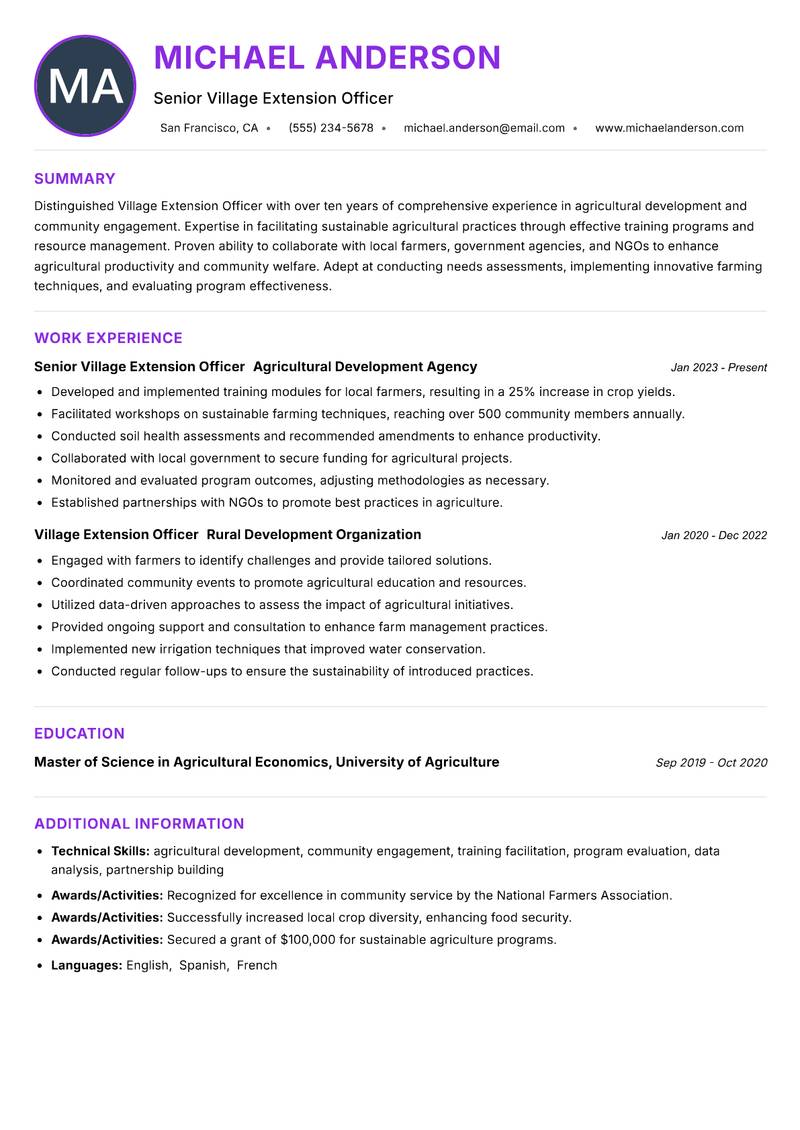 Village Extension Officer resume example — ATS-friendly template