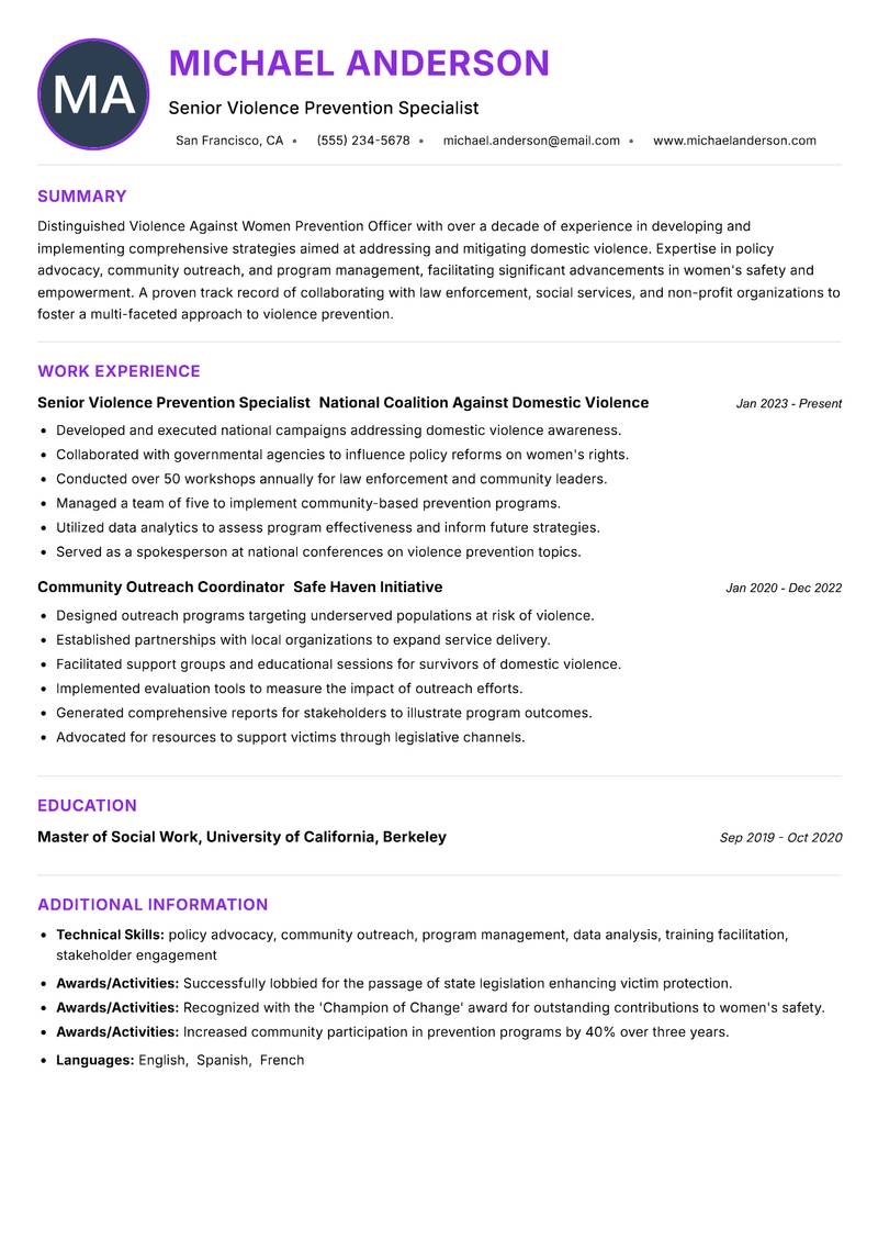 Violence Against Women Prevention Officer resume example — ATS-friendly template