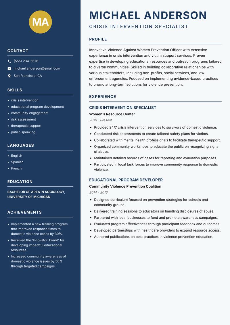 Violence Against Women Prevention Officer resume template — Classic Clean